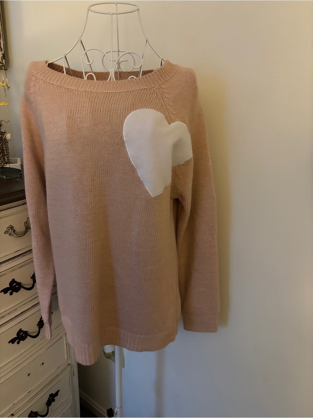 Cozy Casual Blush Off-the-Shoulder Sweater with White Heart
